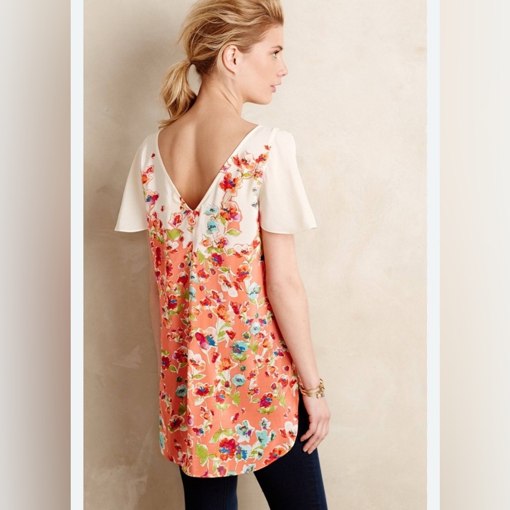 Anthropologie Maeve Orange Floral Short Sleeve Top - Picture 2 of 11